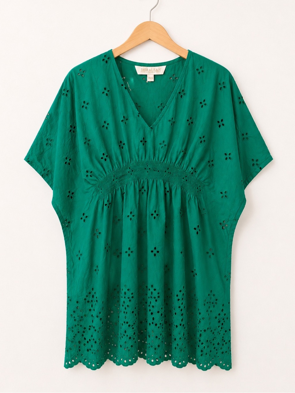 Shiraleah Emerald Green Boho Smocked Eyelet Mini Dress V-Neck Coverup Beach Pool - Picture 4 of 8
